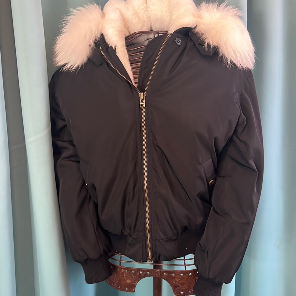 Black bomber jacket with white rabbit fur collar/inside.